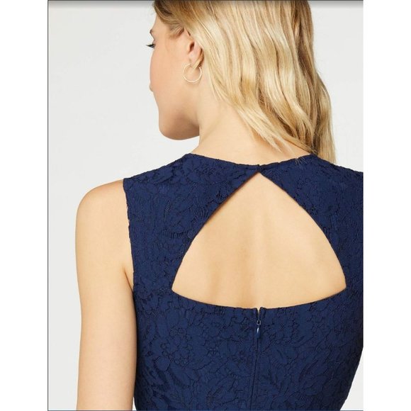 Truth & Fable Chiffon Lace Midi Dress L Cutout Waist Keyhole Back Fit Flare Navy - Picture 3 of 12